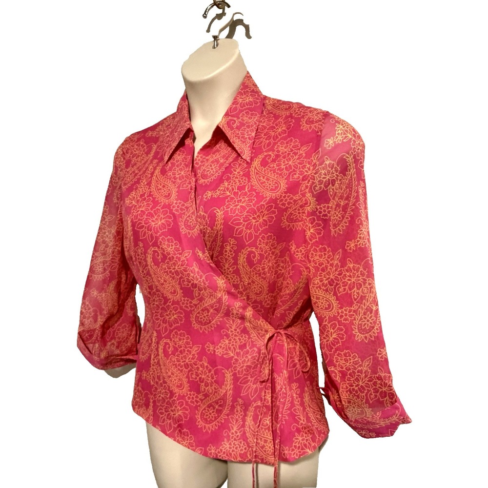 ICE Hot Pink Paisley 100% Silk Wrap Blouse~XL~Lined 3/4 Slvs Office Party Resort